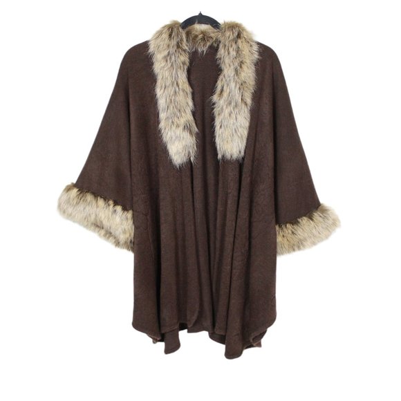Brown Faux Fur Trim Floral Embossed Wrap Shawl - Picture 1 of 7